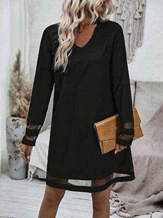 Kadın Uzun Kollu V Yakalı şeritli Tül Detaylı Ithal Krep Elbise