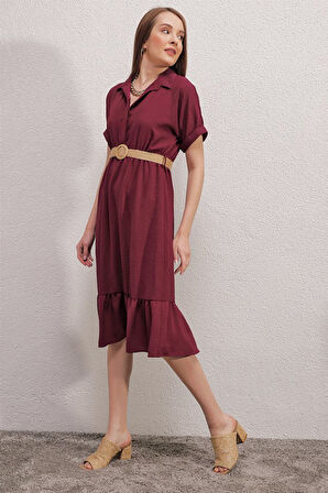 2292 Kemerli Elbise - Bordo