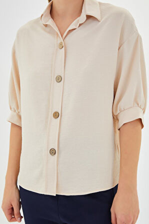 Krem Kısa Kol Oversize Keten Gömlek 20240