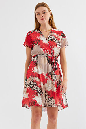 2502 Kısa Kol Desenli Şifon Elbise - Kırmızı