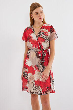 2502 Kısa Kol Desenli Şifon Elbise - Kırmızı