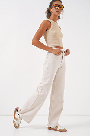 Bol Paça Yüksek Bel Palazzo Kot Pantolon 6656 - Ekru