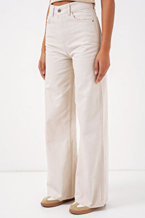 Bol Paça Yüksek Bel Palazzo Kot Pantolon 6656 - Ekru