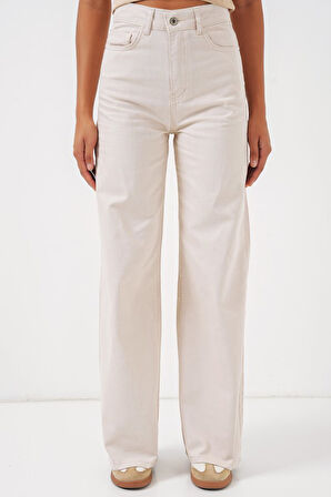 Bol Paça Yüksek Bel Palazzo Kot Pantolon 6656 - Ekru