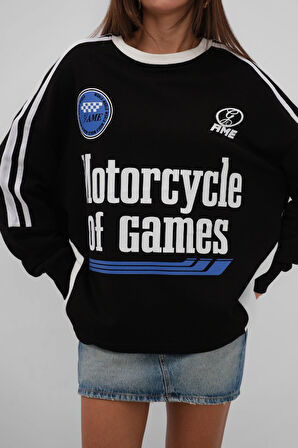 Şerit Detay Baskılı Oversize Sweatshirt