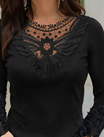 Kadın Uzun Kollu Dantel Yakalı Viskon Bluz