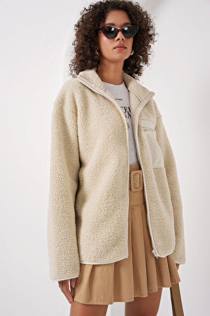 55446 Fermuarlı Oversize Peluş Ceket Mont - Krem