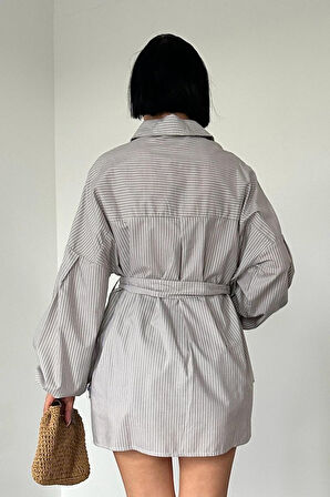 Kahverengi Çizgili Poplin Kuşaklı Gömlek