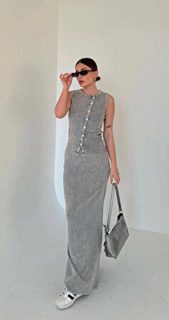 Uzun Etekli Önü Düğmeli Badi İkili Takım- Gri