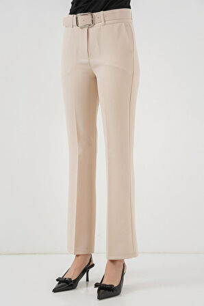 6538 Kemerli İspanyol Paça Pantolon - Krem