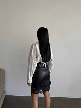 Kadın Yüksek Bel Etek Ucu Dantel Güpür Detay Mini Deri Etek