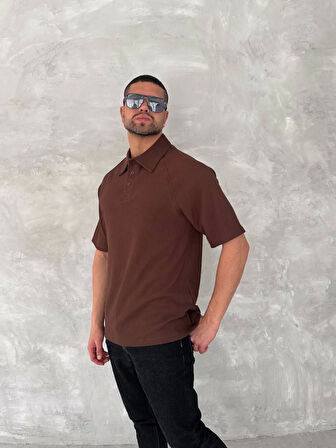 Yakalı Patlı Kısa Kol T-shirt - Kahverengi