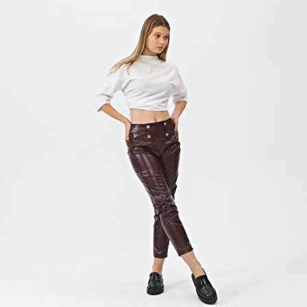 Düğmeli̇ Yan Fermuarli Deri̇ Pantolon