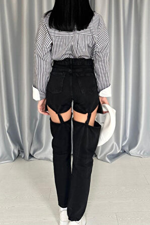 Siyah Askılı İki Parça Jeans Pantolon