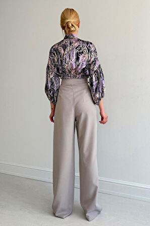 Beli Lastikli Saten Gömlek - Lila