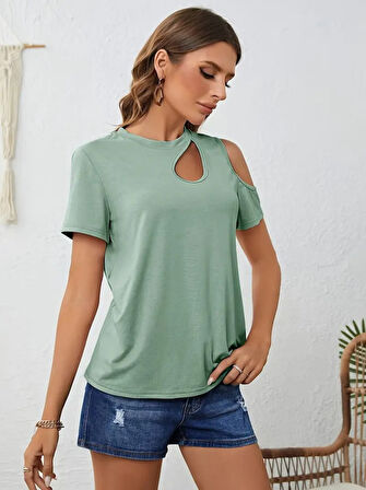 Kadın Kısa Kollu Tek Omuzu Açık Damla Detaylı Viskon Bluz