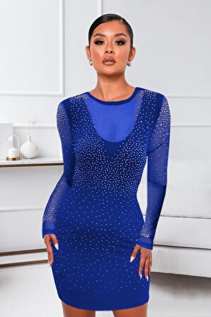 Kadın Uzun Kollu Yuvarlak Yaka Dekolteli Taşlı Dalgıç Elbise