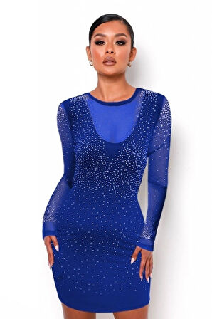 Kadın Uzun Kollu Yuvarlak Yaka Dekolteli Taşlı Dalgıç Elbise