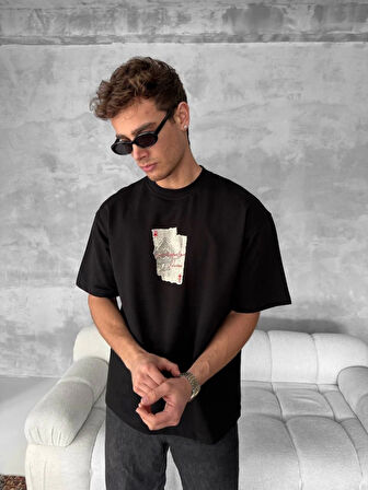 Ön Ve Arka Baskılı Oversize Bisiklet Yaka T-shirt - Siyah