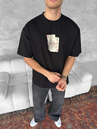 Ön Ve Arka Baskılı Oversize Bisiklet Yaka T-shirt - Siyah