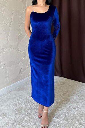 Saks Tek Omuzlu Taş Askılı Elbise