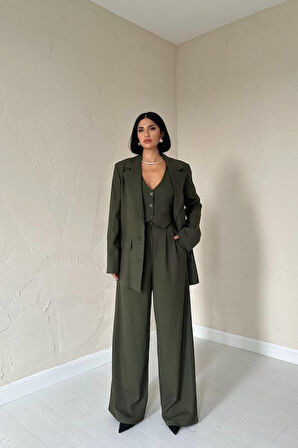 Haki Klas Ceket Ve Yelek Ve Pantolon Takım