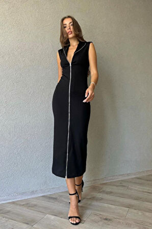 Siyah Boydan Fermuarlı Sıfır Kol Elbise