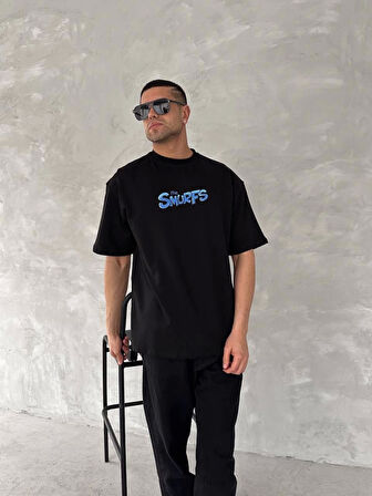 Ön Ve Arka Baskılı Oversize Bisiklet Yaka T-shirt- Siyah