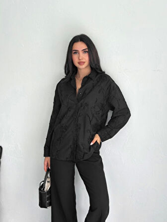 Nakışlı Uzun Kollu Gömlek - Siyah