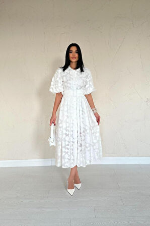 Ekru Kemerli Balon Kollu Elbise