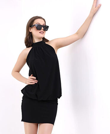 Kadın Yüksek Yaka Büzgü Detaylı Şifon Garnili Sandy Kumaş Fırsat Ürün Diz Üstü Elbise