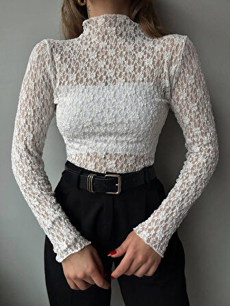Kadın Likralı Dantel Transparan Uzun Kol Crop Bluz