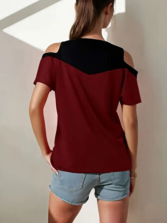 Kadın Kısa Kollu Omuzlardan Açık Detaylı çift Renkli Viskon Bluz