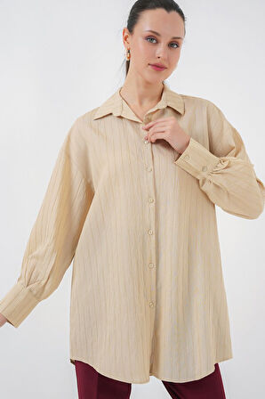 Çizgili Uzun Gömlek Tunik 5963 - Bej