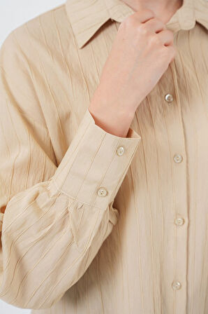 Çizgili Uzun Gömlek Tunik 5963 - Bej