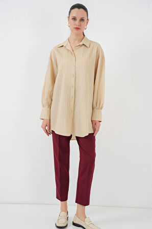 Çizgili Uzun Gömlek Tunik 5963 - Bej