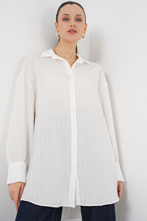 Çizgili Uzun Gömlek Tunik 5963 - Beyaz