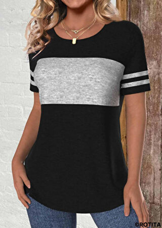 Kadın Kısa Kollu Bisiklet Yaka çift Renkli Viskon Bluz