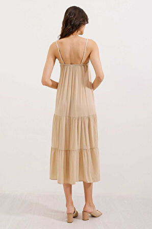 2403 Askılı Midi Elbise - Krem