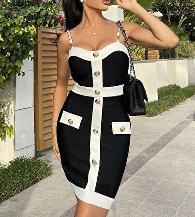 Kadın Dalgıç Kumaş Düğme Ve Zincir Detaylı Ikili Takım