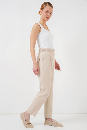 Pileli Kemerli Kumaş Pantolon 6725 - Krem