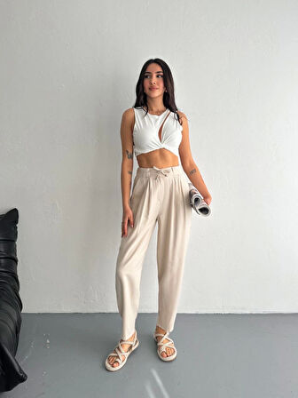 Yüksel Bel Rahat Paça Pantalon - Kırık Beyaz