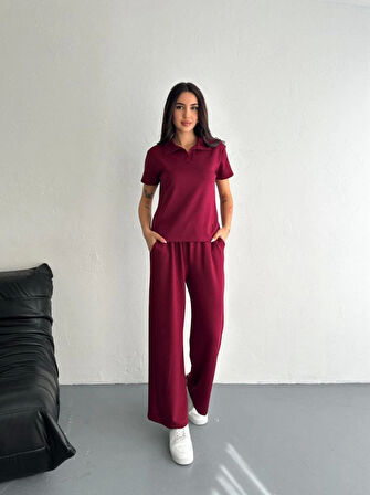 Osy Modal Yumuşak Dokulu Kumaş Kısa Kollu Yakalı T-shirt Pantalon Ikili Takım- Bordo