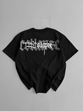 Baskılı Oversize Bisiklet Yaka T-shirt - Siyah