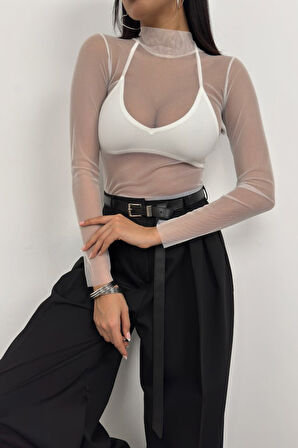 Uzun Kol Boyunlu Tül Bluz