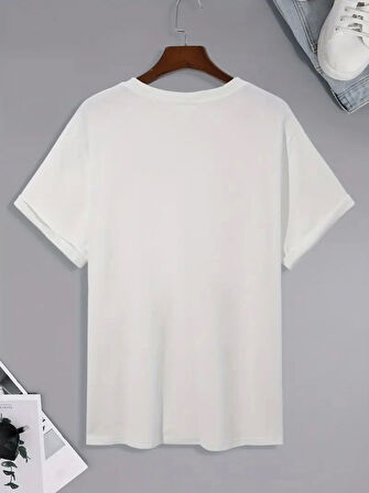 Baskılı Oversize Bisiklet Yaka T-shirt - Beyaz