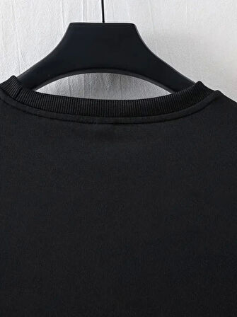 Baskılı Oversize Bisiklet Yaka T-shirt - Siyah