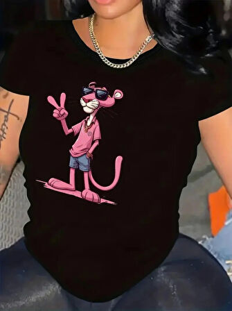 Pembe Panter Baskılı Oversize Bisiklet Yaka T-shirt - Beyaz
