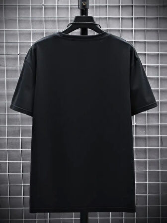 Baskılı Oversize Bisiklet Yaka T-shirt - Siyah