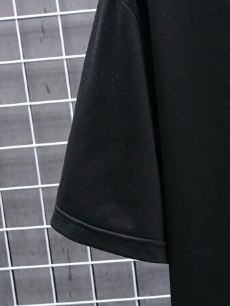 Baskılı Oversize Bisiklet Yaka T-shirt - Siyah